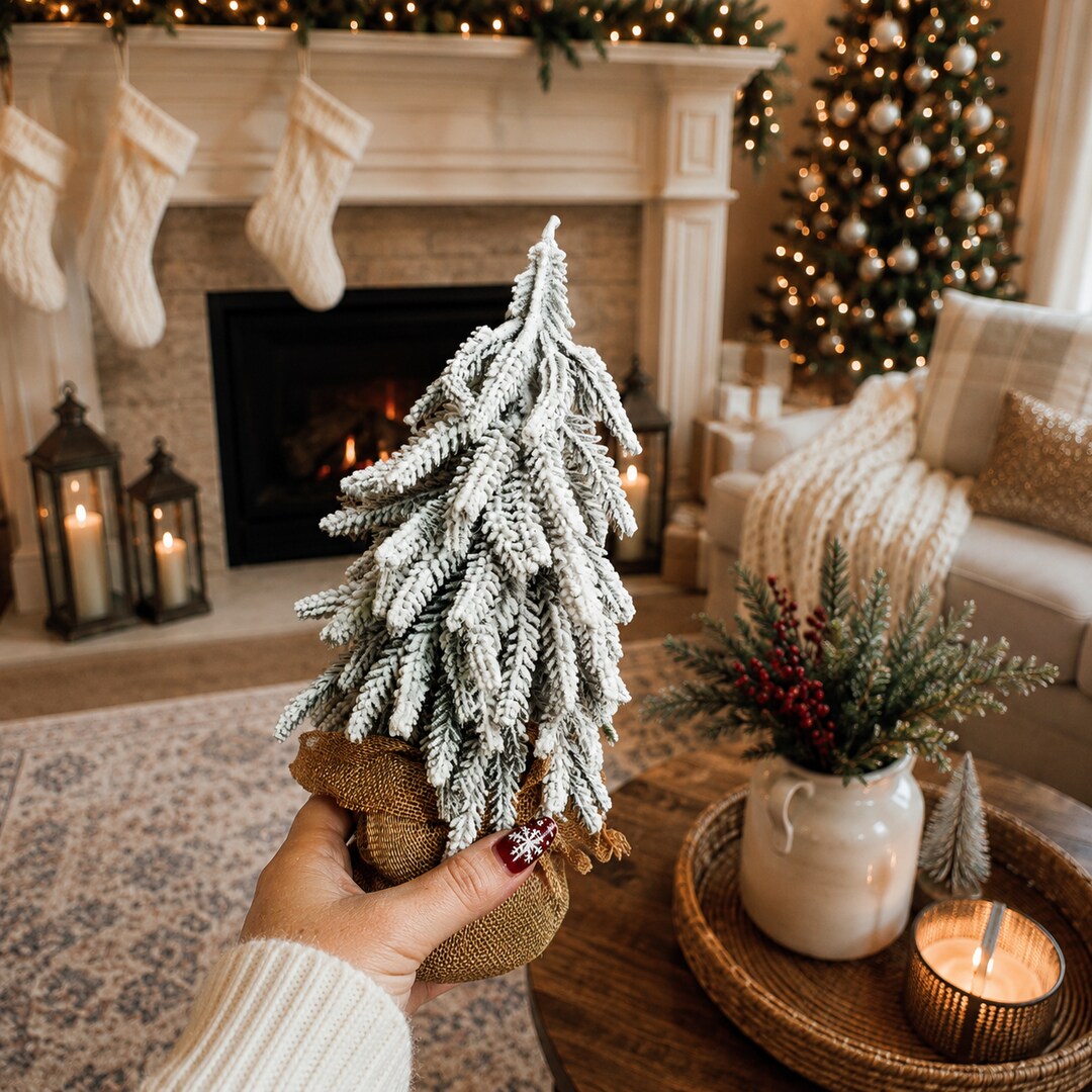 Christmas Tree with Snow, Faux Handmade Pine Trees Snow Covered with Jute, Wood Base, Mini Christmas Tree, Artificial Mantle Xmas Tree Fake